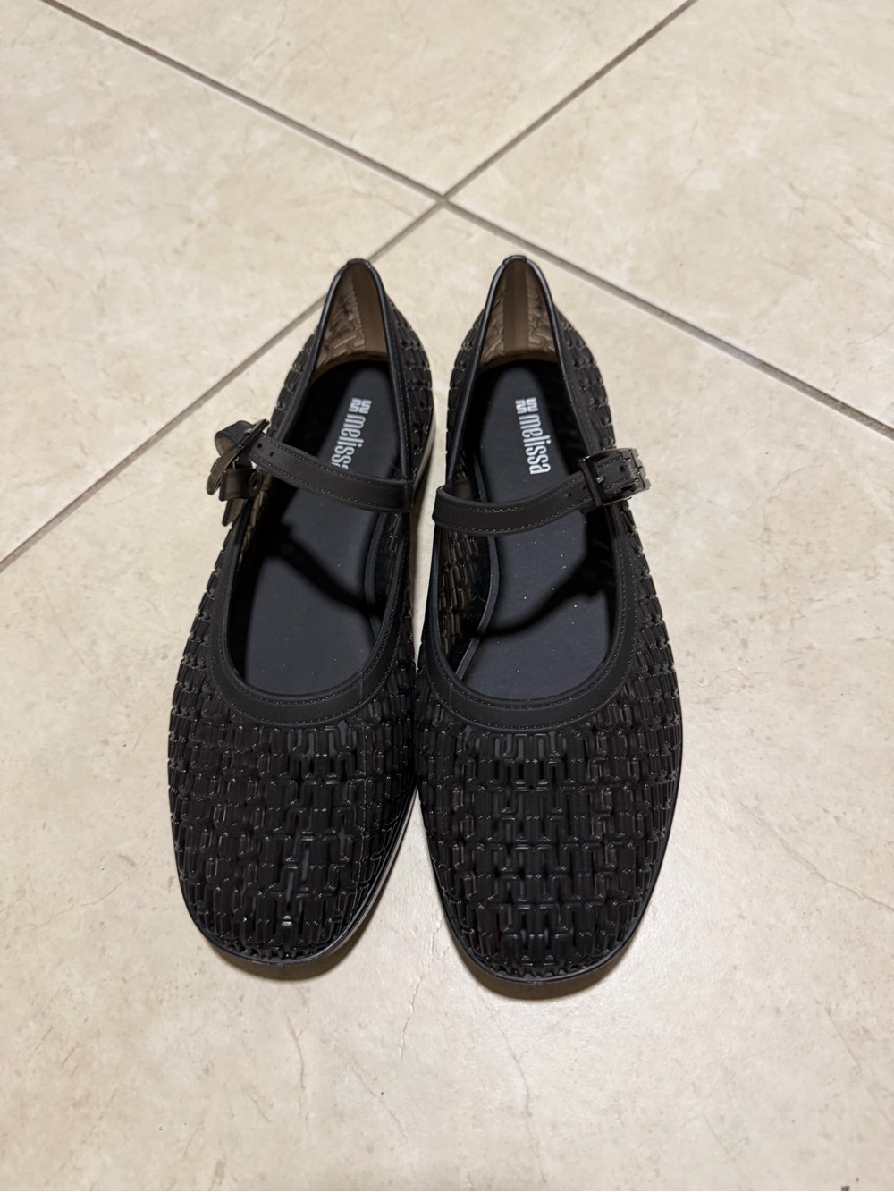 Melissa Black Jelly Woven Mary Jane Flats with Buckle Strap